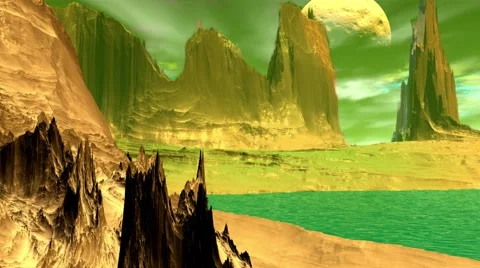 Fantasy alien planet. Rocks and lake. 3d Animation. 4К Vídeos de archivo 65289013