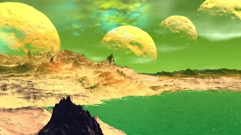 Fantasy alien planet. Rocks and lake. 3d Animation. 4К Vídeos de archivo 65289019