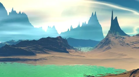 Fantasy alien planet. Rocks and lake. 3d Animation. 4К Vídeos de archivo 65289022