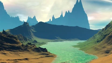 Fantasy alien planet. Rocks and lake. 3d Animation. 4К Vídeos de archivo 65289030