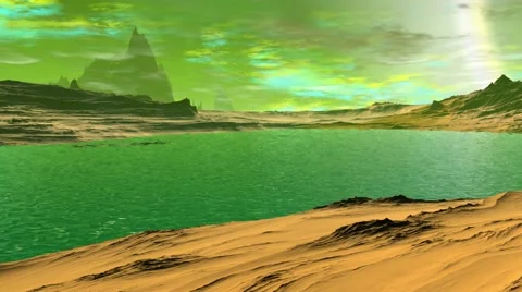 Fantasy alien planet. Rocks and lake. 3d Animation. 4К Vídeos de archivo 65289045