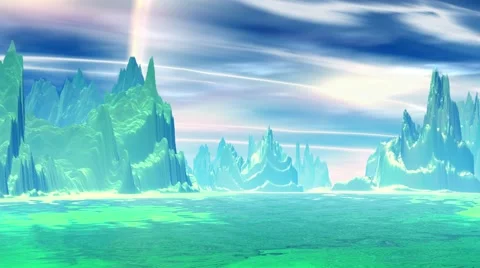 Fantasy alien planet. Rocks and lake. 3d Animation. 4К Vídeos de archivo 65289076