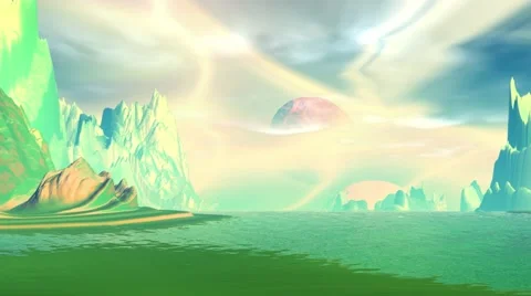 Fantasy alien planet. Rocks and lake Stock Footage 68079997
