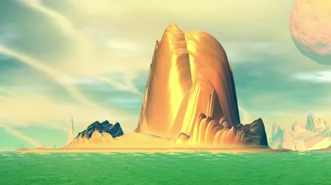 Fantasy alien planet. Rocks and lake. 3d Animation. 4К Stock Footage 69025651