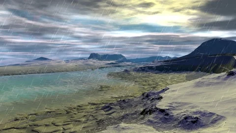 Fantasy alien planet. Rocks and lake. 3d Animation. 4К Stockbeeldmateriaal 105646965