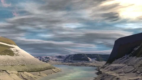Fantasy alien planet. Rocks and lake. 3d Animation. 4К Stockbeeldmateriaal 105646979