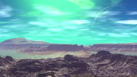Fantasy alien planet. Rocks and lake. 3d Animation. 4К Stockbeeldmateriaal 105647058