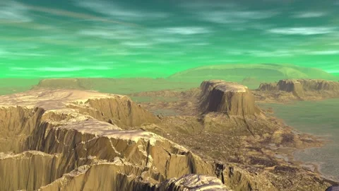 Fantasy alien planet. Rocks and lake. 3d Animation. 4К Stockbeeldmateriaal 105647086