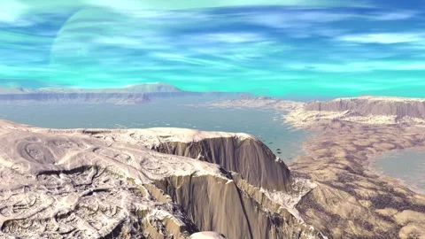 Fantasy alien planet. Rocks and lake. 3d Animation. 4К Stockbeeldmateriaal 105647213