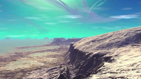 Fantasy alien planet. Rocks and lake. 3d Animation. 4К Stockbeeldmateriaal 105647245