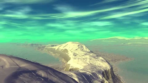 Fantasy alien planet. Rocks and lake. 3d Animation. 4К Stockbeeldmateriaal 105647250