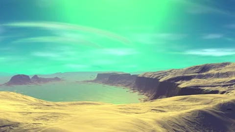 Fantasy alien planet. Rocks and lake. 3d Animation. 4К Stockbeeldmateriaal 105647300
