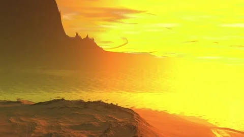 Fantasy alien planet. Rocks and lake. 3d Animation. 4К Stockbeeldmateriaal 105647329