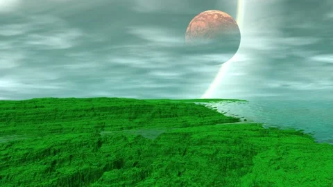 Fantasy alien planet. Rocks and lake. 3d Animation. 4К Stock Footage 105647395
