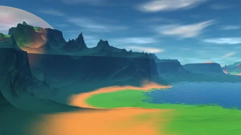 Fantasy alien planet. Rocks and lake. 3d Animation. 4К Stockbeeldmateriaal 105647427