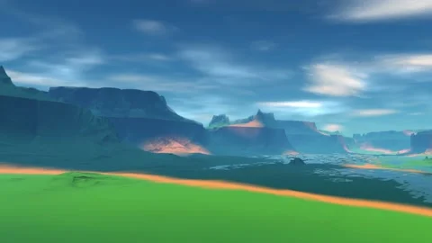 Fantasy alien planet. Rocks and lake. 3d Animation. 4К Stockbeeldmateriaal 105647453