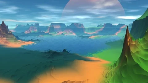 Fantasy alien planet. Rocks and lake. 3d Animation. 4К Stockbeeldmateriaal 105647456