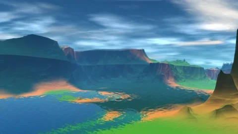 Fantasy alien planet. Rocks and lake. 3d Animation. 4К Stockbeeldmateriaal 105647464