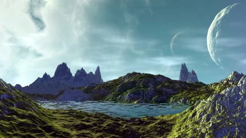 Fantasy alien planet. Rocks and lake. 3d Animation. 4К Stock Footage 105786705