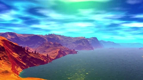 Fantasy alien planet. Rocks and lake. 3d Animation. 4К Stock Footage 105786744