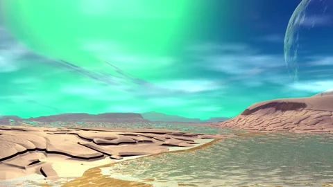 Fantasy alien planet. Rocks and lake. 3d Animation. 4К Stock Footage 105786777