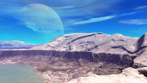 Fantasy alien planet. Rocks and lake. 3d Animation. 4К Stock Footage 105786861