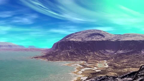 Fantasy alien planet. Rocks and lake. 3d Animation. 4К Stock Footage 105786898