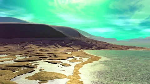Fantasy alien planet. Rocks and lake. 3d Animation. 4К Stock Footage 105786970