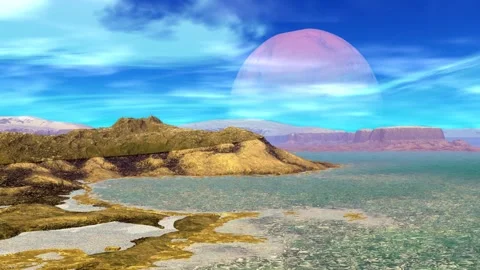 Fantasy alien planet. Rocks and lake. 3d Animation. 4К Stock Footage 105787007