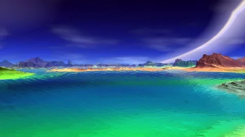 Fantasy alien planet. Rocks and lake. 3d Animation. 4К Stock Footage 105787046