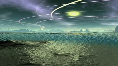 Fantasy alien planet. Rocks and lake. 3d Animation. 4К Stock Footage 105787070