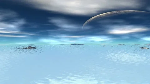 Fantasy alien planet. Rocks and lake. 3d Animation. 4К Stock Footage 105787140