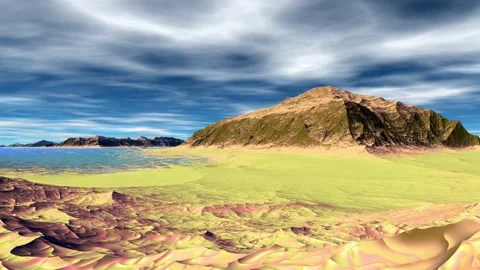 Fantasy alien planet. Rocks and lake. 3d Animation. 4К Stock Footage 105787185