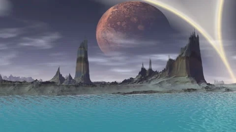 Fantasy alien planet. Rocks and lake. 3d Animation. 4К Stock Footage 107874276