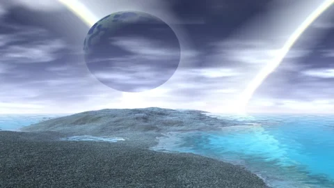 Fantasy alien planet. Rocks and lake. 3d Animation. 4К Stock Footage 107874307
