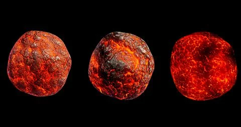 Fantasy alien planets with surface of molten hot liquid lava. 3D render icons Stock Illustration