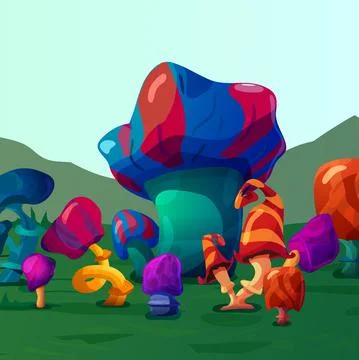 Fantasy alien world or landscape with magic mushrooms, flat vector illustration. Stock Illustration