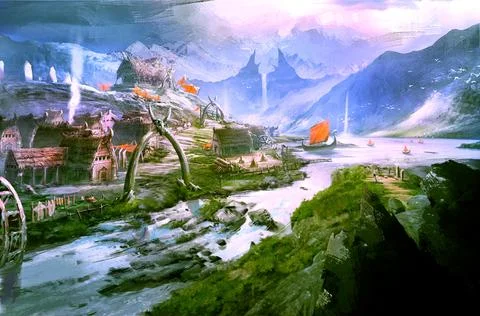 Fantasy ancient time of villages small township town center in nature Illustrazione stock