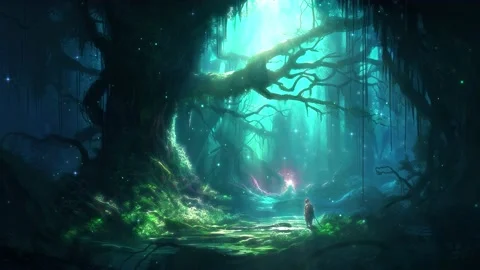 Fantasy and magical forest animation loop of landscape with fireflies. Fair.. Stock Footage 238920419