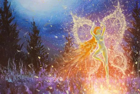 Fantasy art magic artwork acrylic painting glowing night fairy girl butterfly Illustrazione stock