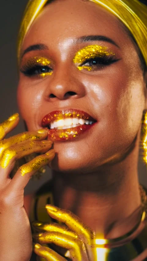 Fantasy art portrait close up, face african american woman. golden metallic make Stock Footage 337896519