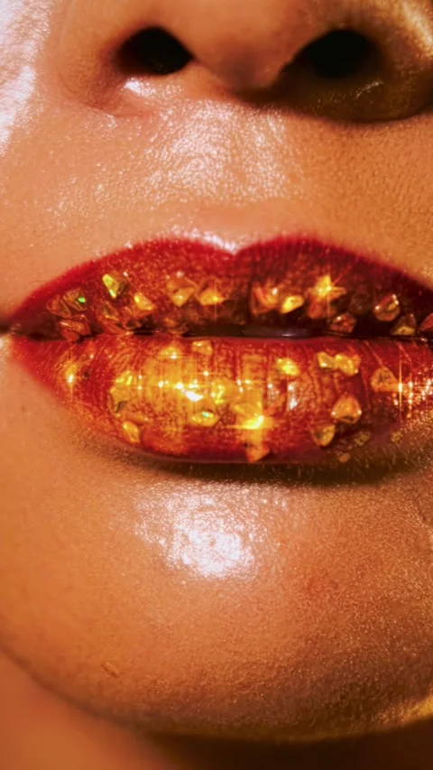 Fantasy art portrait close up lips mouth face african american woman. golden Stock Footage 312158907