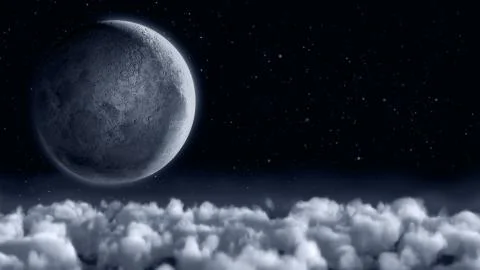 A fantasy artistic night scene with moon over the clouds, with copyspace Stock Illustration