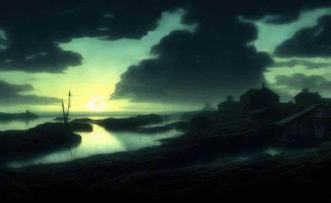 Fantasy artwork, sunset over the sea Stock-Illustration