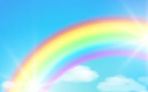 Fantasy background of magical blue sky with white clouds, rainbow. Stock Illustration