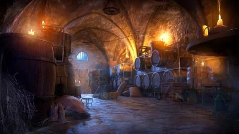 Fantasy background with a mystical warehouse filled with barrels, bags and al Illustration