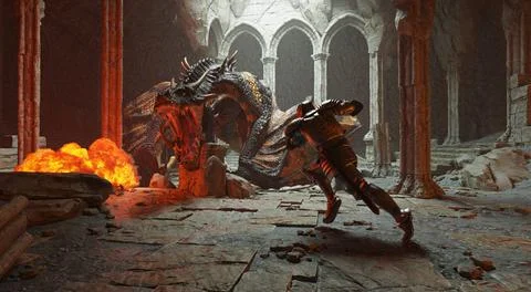 Fantasy battle scene with dragon attacking medieval knight 3d illustration Stock Illustration