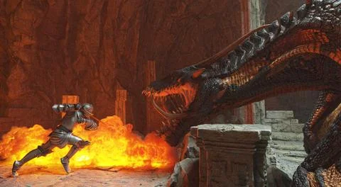 Fantasy battle scene with dragon attacking medieval knight 3d illustration Stock Illustration
