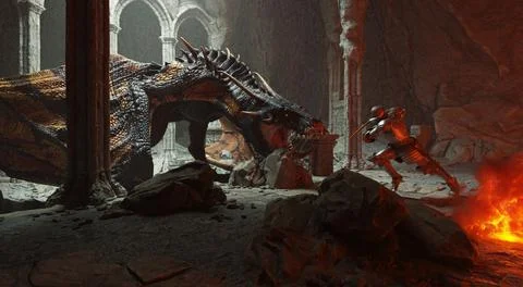 Fantasy battle scene with dragon attacking medieval knight 3d illustration Stock Illustration