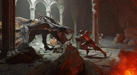 Fantasy battle scene with dragon attacking medieval knight 3d illustration Stock Illustration
